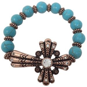 Sideways Cross Turquoise Beaded Christian Copper Tone Stretch Bracelet